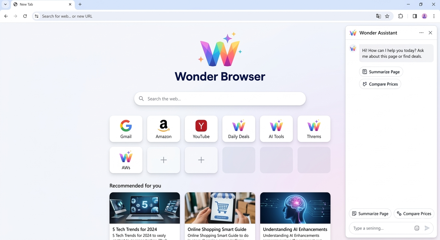 Wander Browser with AI Assistant sidebar showing the new tab page